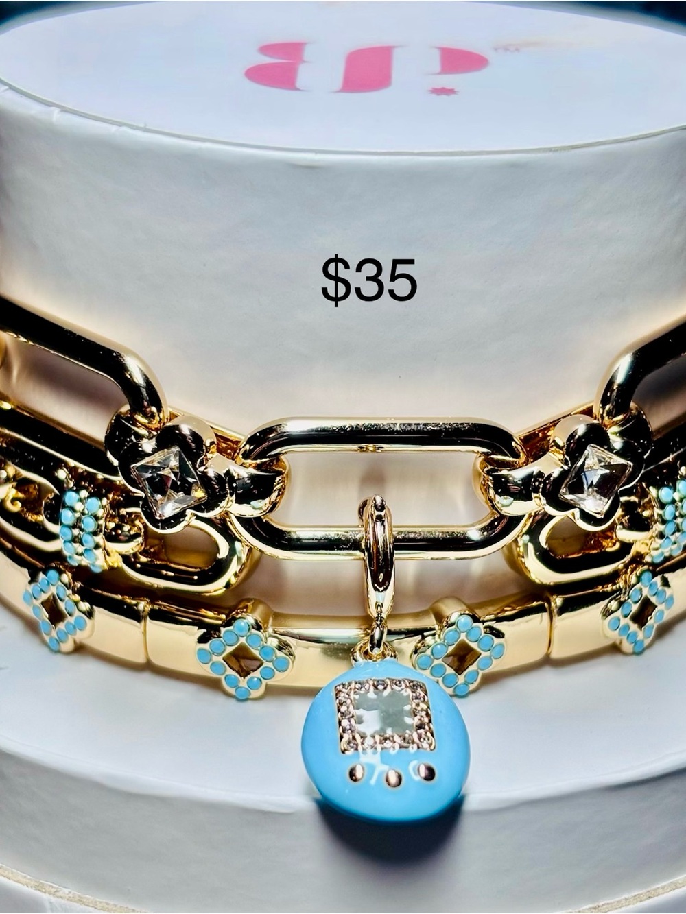 Gold Chain Bracelet with Blue Charm- Women Jewelry